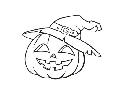 Cadı şapkalı Cadılar Bayramı Balkabağı. Boyama kitabı için siyah beyaz illüstrasyon