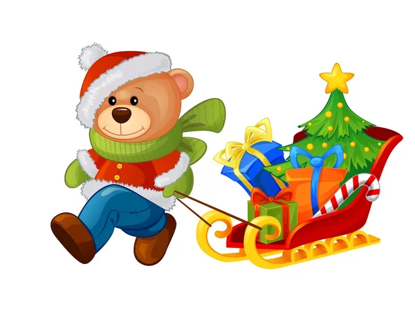 Bär und Schlitten mit Weihnachtsgeschenken — Stockvektor
