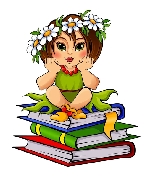 Girl sitting on a pile of books — Stock Vector