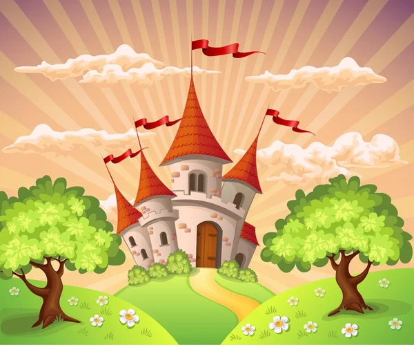 Paisaje de cuento de hadas con castillo — Vector de stock