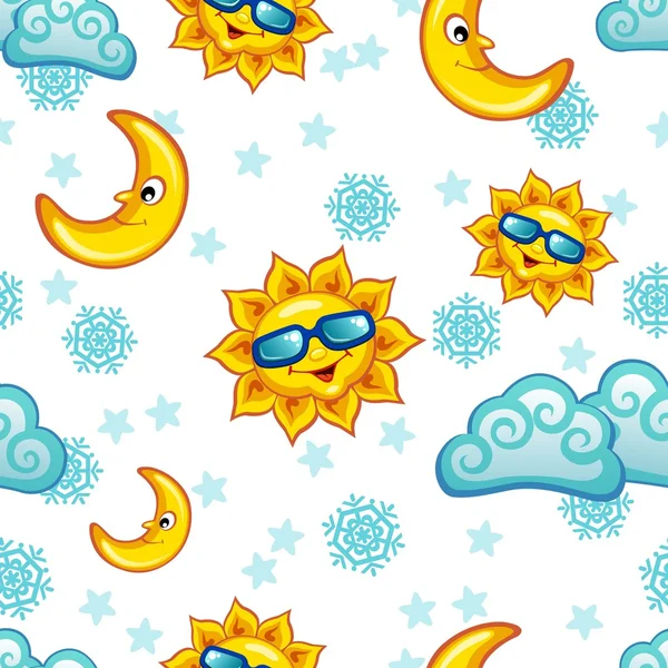 Colorful seamless pattern with sun, moon and clouds — Stock Illustration Colorful seamless pattern with sun, moon and clouds Stock Illustration
