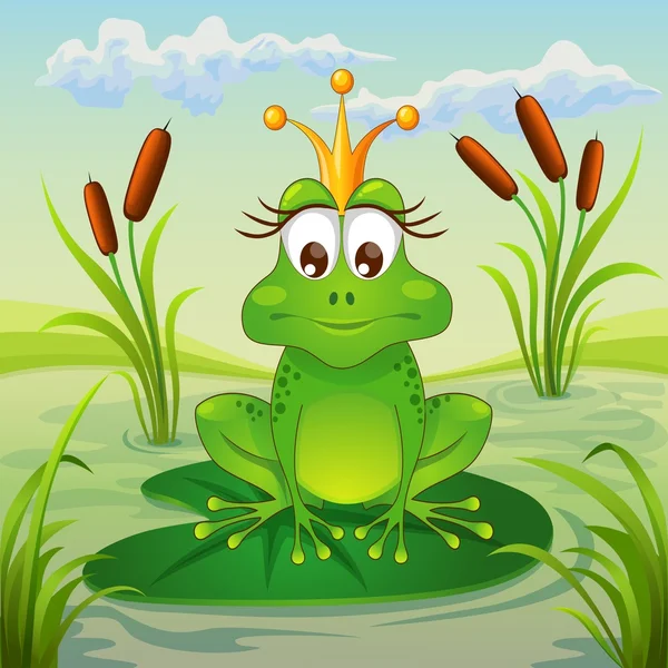 Princess frog sitting on leaf of water lily — Stock Vector