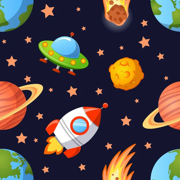 Gyerekes varrat nélküli tér bolygók, Ufo, rakéták és csillagok — Stock Vector