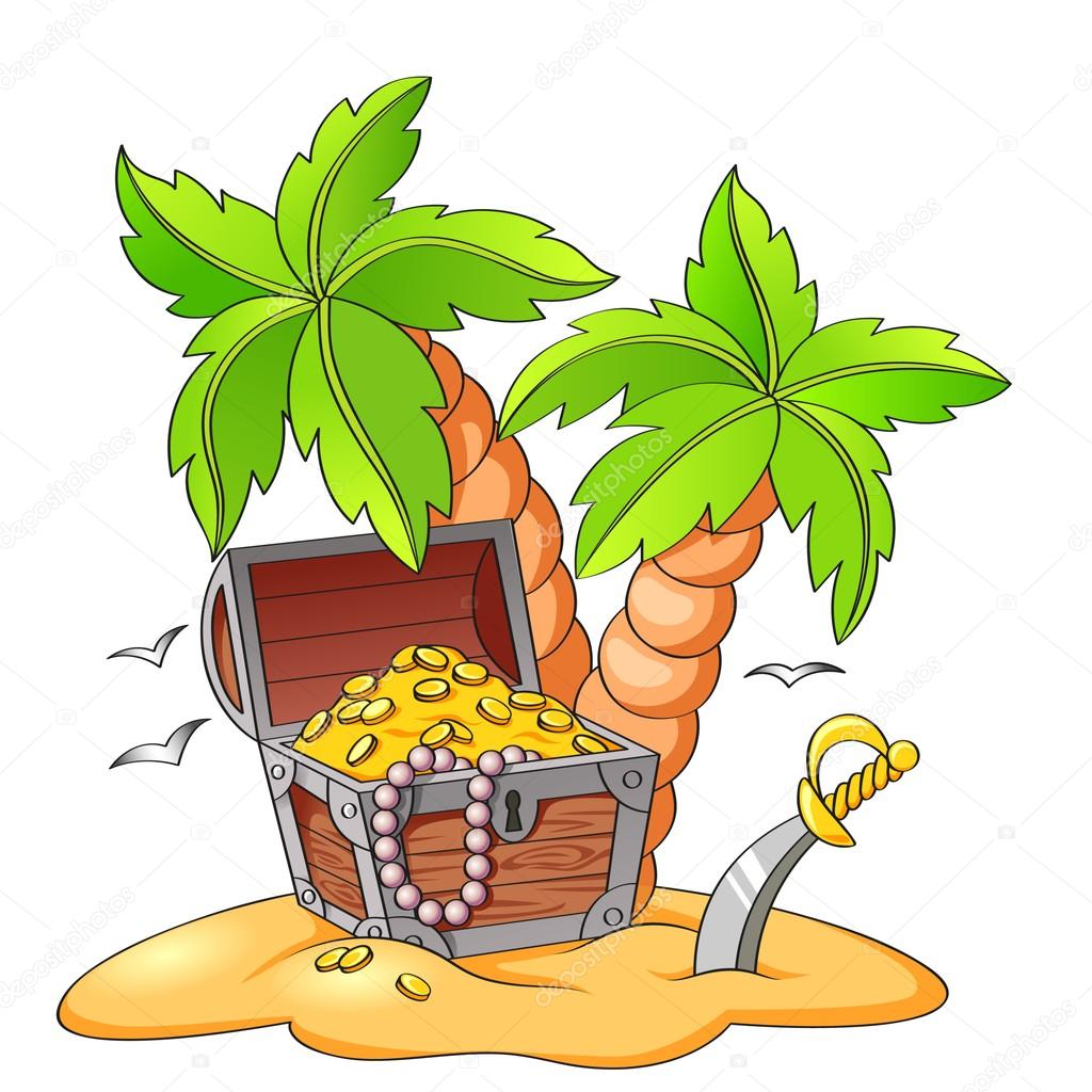 Pirate's treasure chest on deserted beach with palm trees