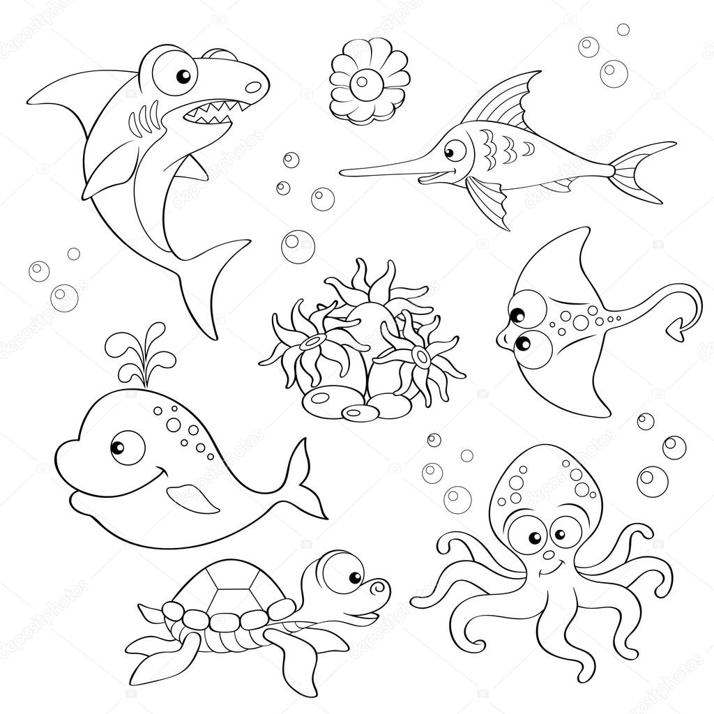 Set of cute cartoon sea animals