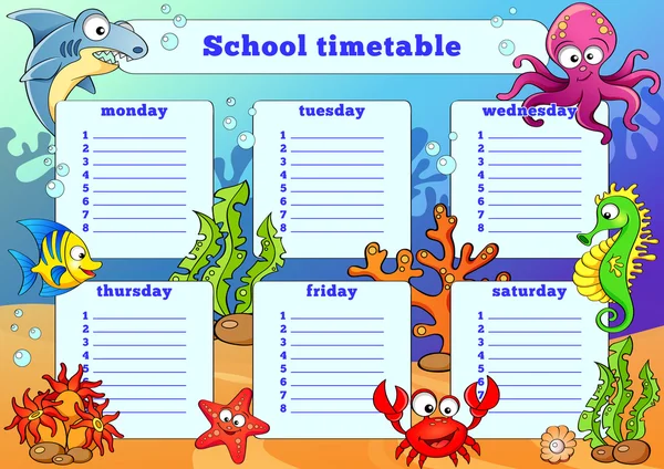 School timetable with sea animals — Stock Vector