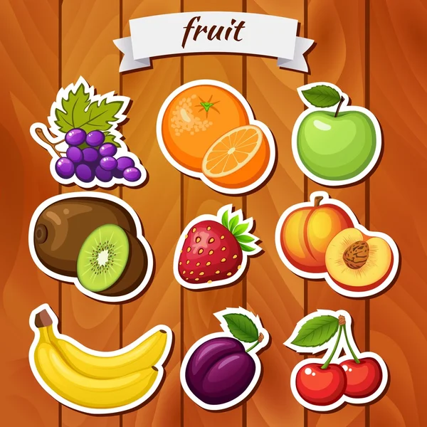 Φρέσκα φρούτα σε ξύλινα φόντο — Διανυσματικό Αρχείο