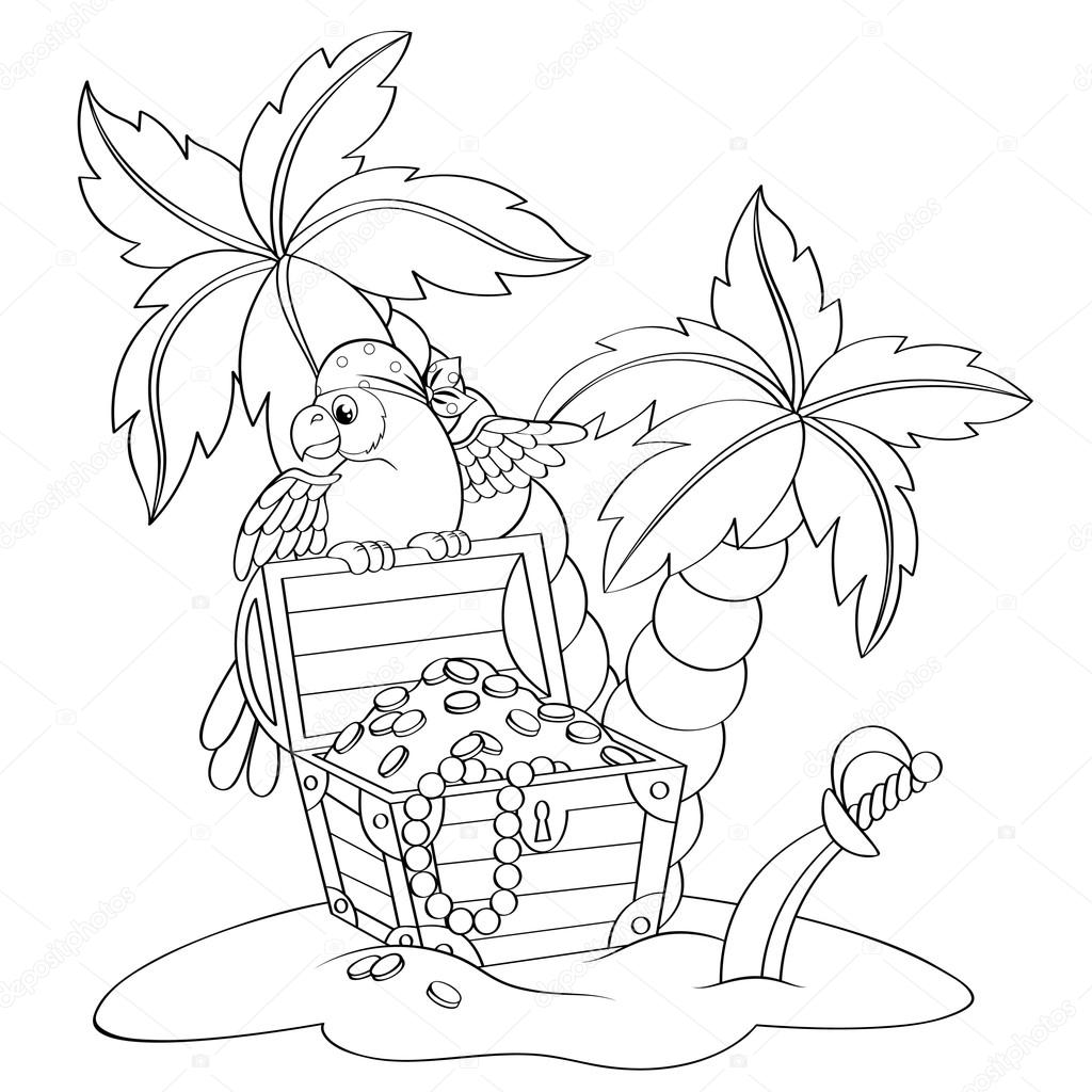 Parrot on pirate's treasure chest. Deserted beach with palm trees.