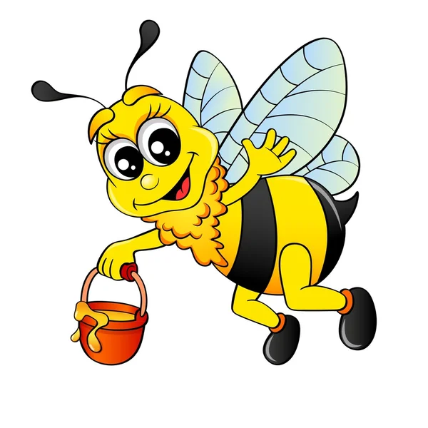 Abeja de dibujos animados volando con miel de cubo — Archivo Imágenes Vectoriales