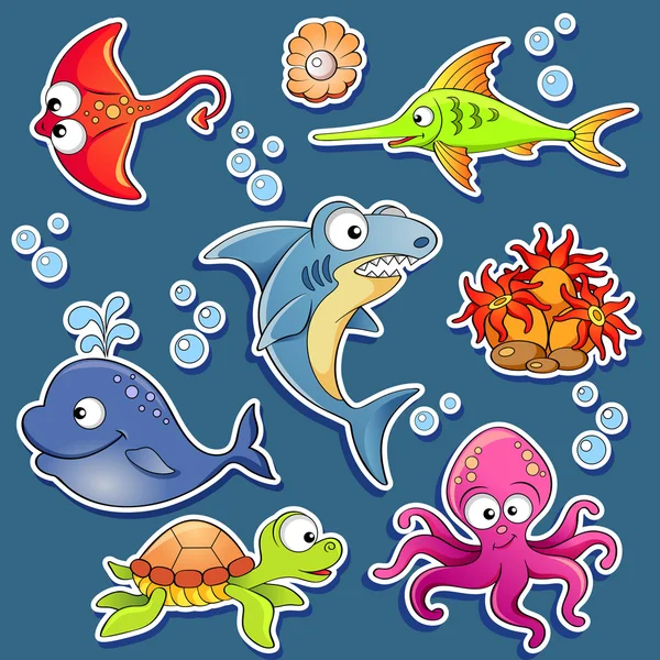 Stickers of cute cartoon sea animals — Stock Vector