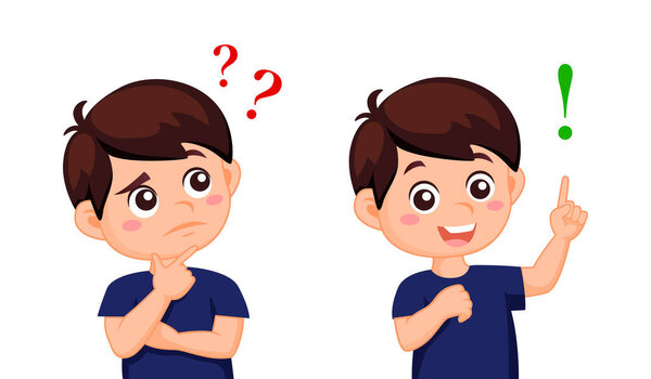 Милый мальчик думает, понимает проблему и находит решение. Процесс поиска идеи