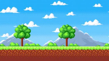 Piksel yer, çimen, ağaçlar, dağlar, gökyüzü ve bulutlarla hareketli oyun alanı. Retro 8 bit oyun ya da uygulama için döngü pikselli arkaplan. 4K video