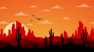 Çöl, kaktüs ve uçan kuşlarla hareketli bir manzara. Gün doğumu ve gün batımı. Düz bir şekilde döngü oluşturulmuş animasyon arkaplanı. 4k stok görüntüsü
