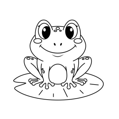 Nilüfer yaprağının üzerinde oturan sevimli kurbağa. Çocuk boyama kitabı için siyah ve beyaz vektör çizimi
