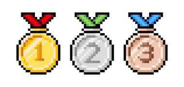 Piksel sanat madalyası ikonları. Renkli kurdeleli altın, gümüş ve bronz madalyanın pikselleştirilmiş vektör çizimi. Oyun için 8 bit piksel varlıkları