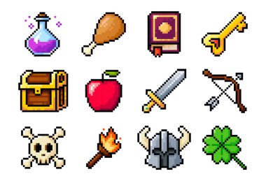 Piksel resim oyun simgeleri seti. Pikselli vektör çizimi beyaz arkaplanda izole edildi. Oyun eşyaları atari salonu. 8 bit biçiminde oyun kaynakları