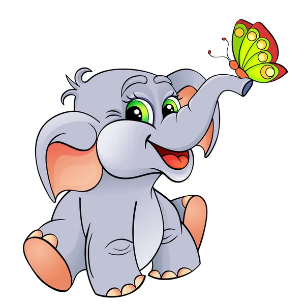 Funny cartoon baby elephant with butterfly — Stock Vector