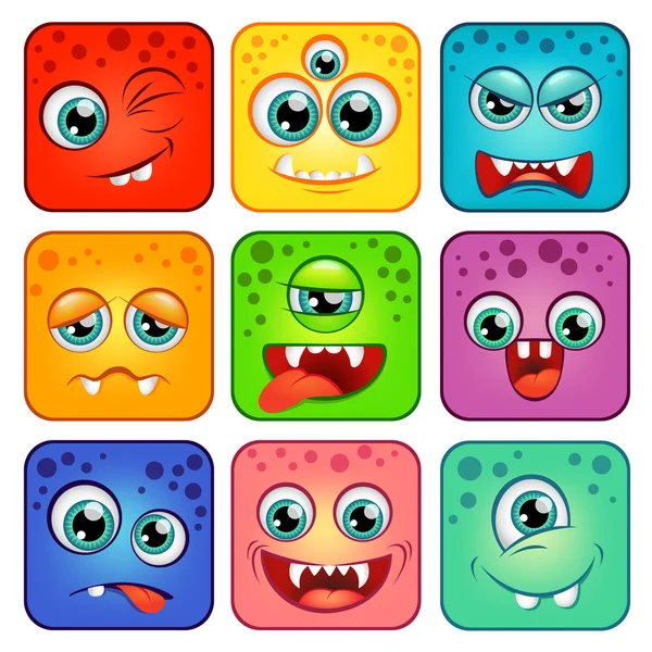 Monstruos. Caras de dibujos animados cuadrados con emociones — Vector de stock