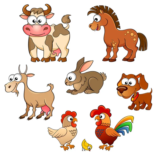 Σύνολο χαριτωμένο κινούμενα εκτρεφόμενα ζώα. Άλογο, αγελάδα, κατσίκα, κουνέλι, σκύλος, κότα, κόκορας και γκόμενα — Διανυσματικό Αρχείο