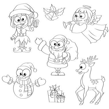 Christmas and new year characters. Santa Claus, snowman, elf, Christmas angel, reindeer, gifts and bells clipart