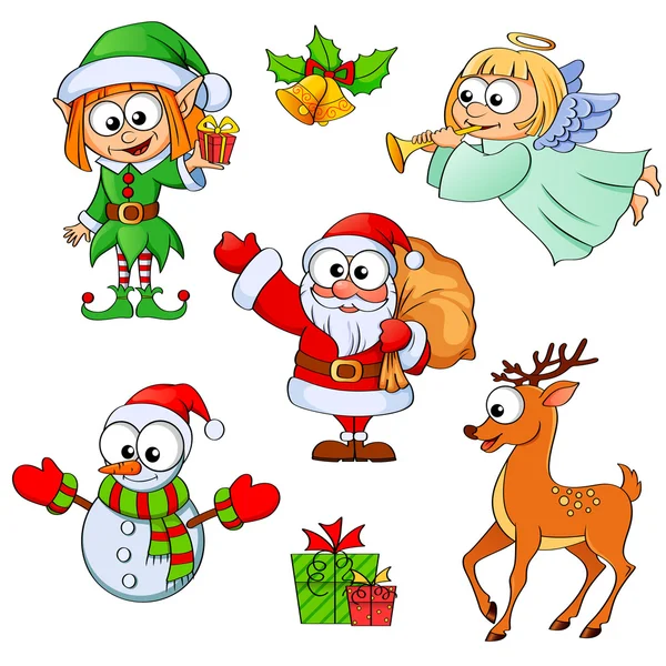 Navidad y año nuevo personajes. Papá Noel, muñeco de nieve, elfo, ángel de Navidad, renos, regalos y campanas — Vector de stock