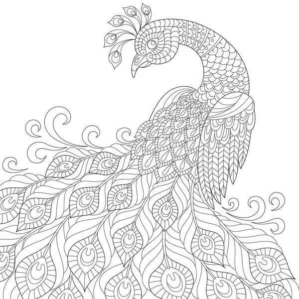 Pavo real decorativo. Página para colorear antiestrés para adultos — Vector de stock