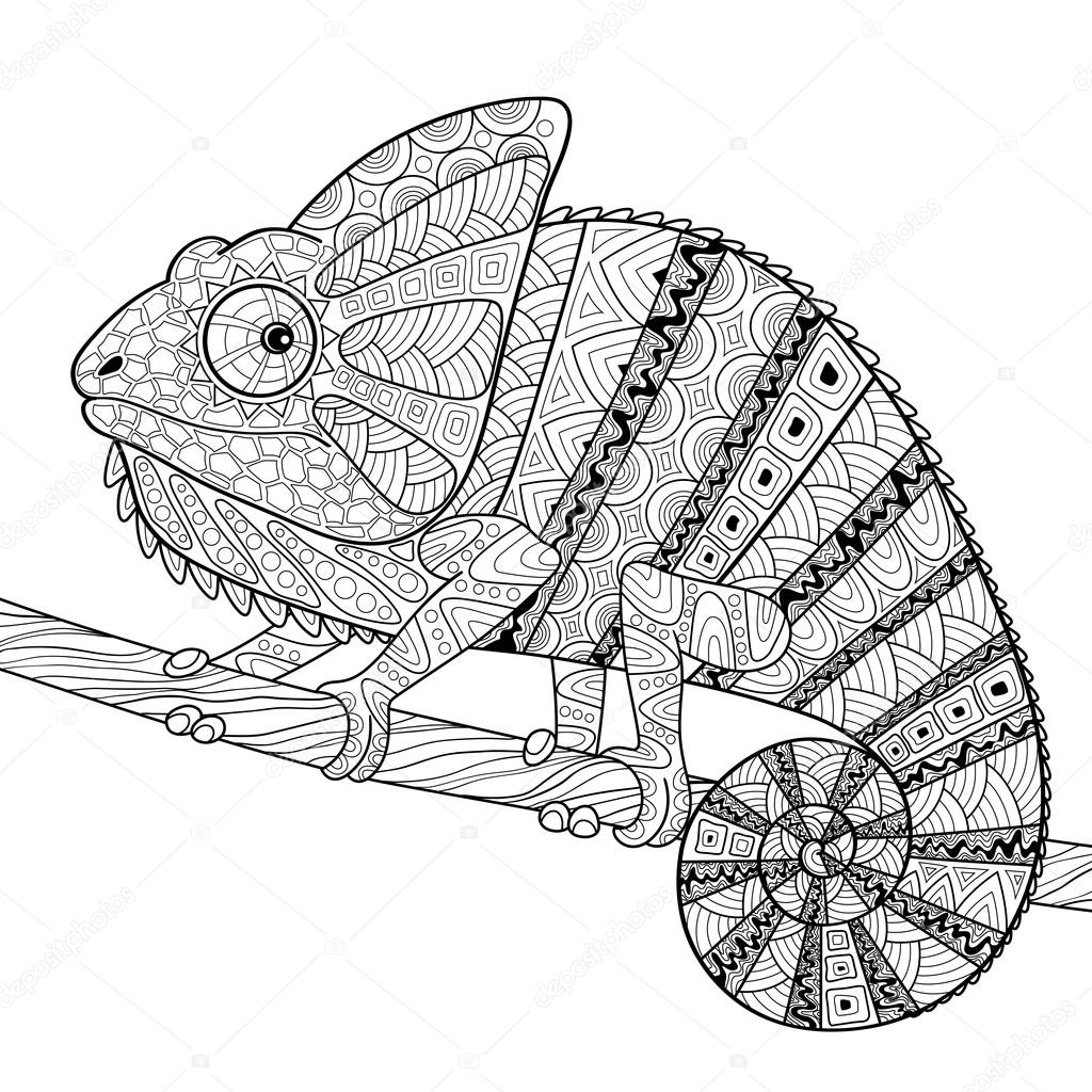 Caméléon. Coloriage cure adultes — Image vectorielle 