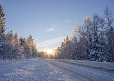 Kış panoraması. Yolun sonundaki güneş ışınları ve Norveç 'teki kozalaklı ormandan geçen karlı yol..