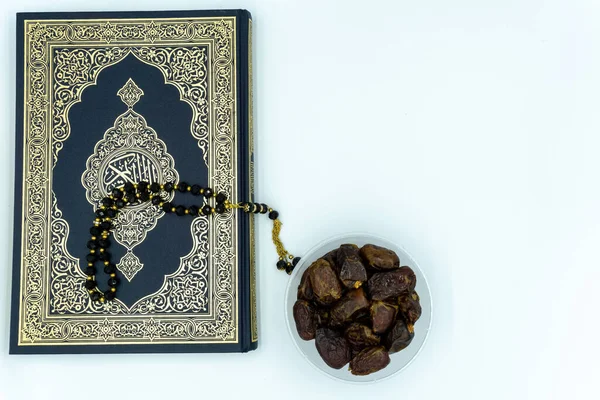 Quran Black Colored Prayer Beads Dates Plastic Container White Background — Stock Photo, Image