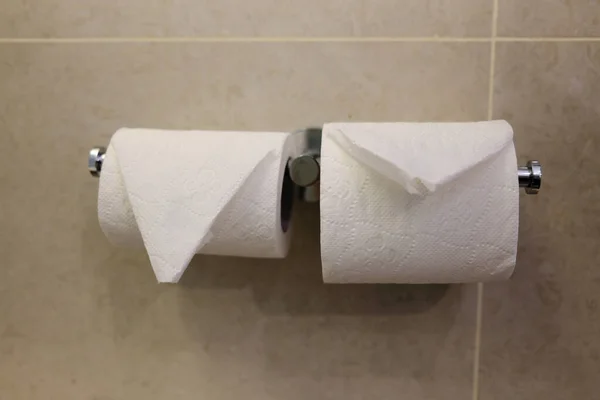 Otel odasındaki tuvaletin duvarında iki tane peçete rulosu var.