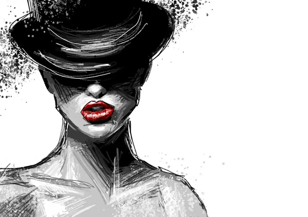 Черно-белая красивая модная сексуальная дама в черной шляпе с аэрозольной краской — стоковое фото