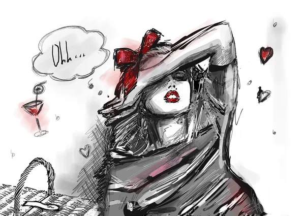 Kırmızı yay ile genç kız yüzünü güneşten korumak için elle gözlerini kapat