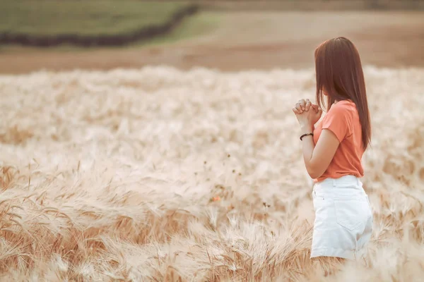 A girl with faith in God is standing, praying to God over the golden barley fields in the morning alone by faith. The young woman happily roaming the golden barley fields and praying to God.