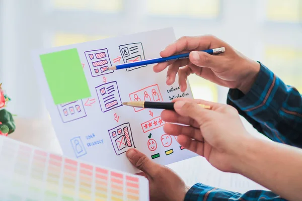 UI / UX Front Designer Preview ile mobil uygulama biçiminde programcılar ve web sitesi tasarımcıları. Web sitesi geliştirme, UI / UX ön uç tasarımcısı ve akıllı telefonların ekranda izlenmesi