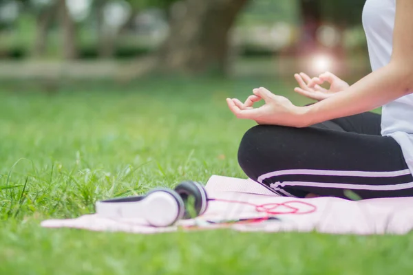 Girl Sits Mat Lawn Park Meditate Ask Blessings God Keep — Stock Photo, Image