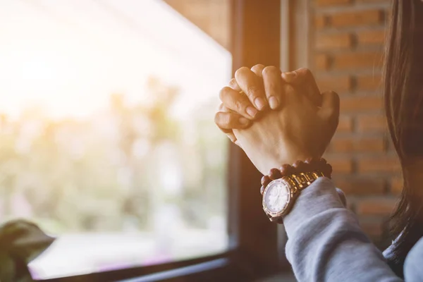 Young Woman Shows Symbol Prayer God Blessings Lord Find Good — Stock Photo, Image