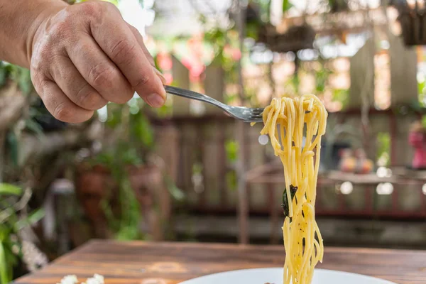 Spagetti Sekoitetaan Tomaattikastikkeella Jauhetulla Kanalla Kuumaan Thaimaalaiseen Tyyliin Tarjous Herkullinen — kuvapankkivalokuva