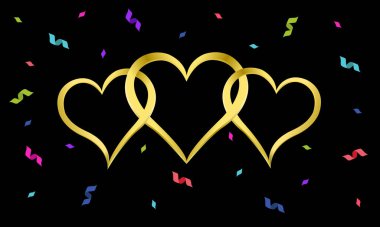 Love that fits well together.Three golden hearts looped together. Small ribbon various colors are blown away.  clipart