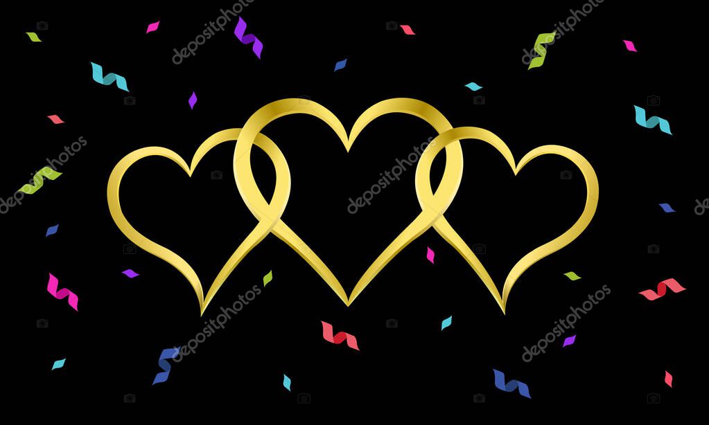 Love that fits well together.Three golden hearts looped together. Small ribbon various colors are blown away.