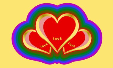 Three adjacent gold hearts. Creative love for logo design vector. Polyamory illustration.   clipart