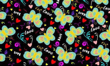 Kırmızı sarı kalp renkli kelebek ve kusursuz desen. Siyah arka planda izole edilmiş sevimli çizgi film böcekleri. Vektör duvar kağıdı illüstrasyonu. 