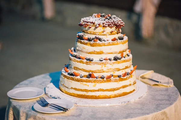 Multi level white wedding cake with fresh ripe berries on table