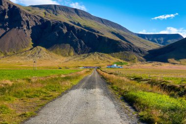 İzlanda 'da güneşli bir yaz gününde İzlanda çiftliğine giden yol