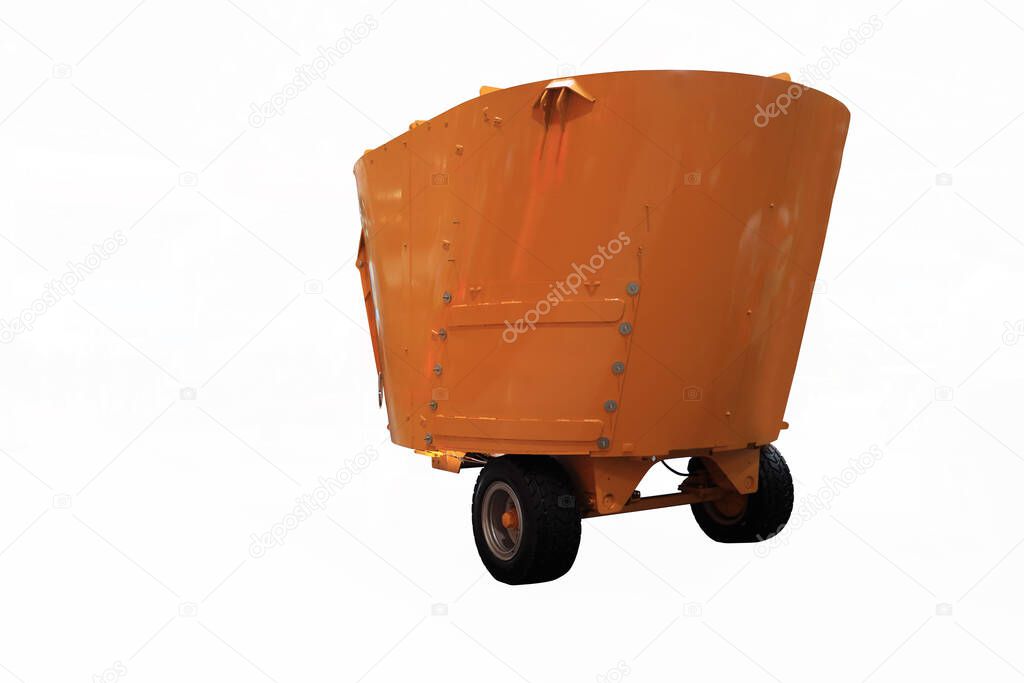 The device for mixing animal feed. Trailer. Isolated on white. Modern agricultural machinery