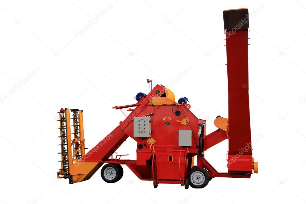 Conveyor loader for loading grain into trucks. Isolated on white. Modern agricultural machinery