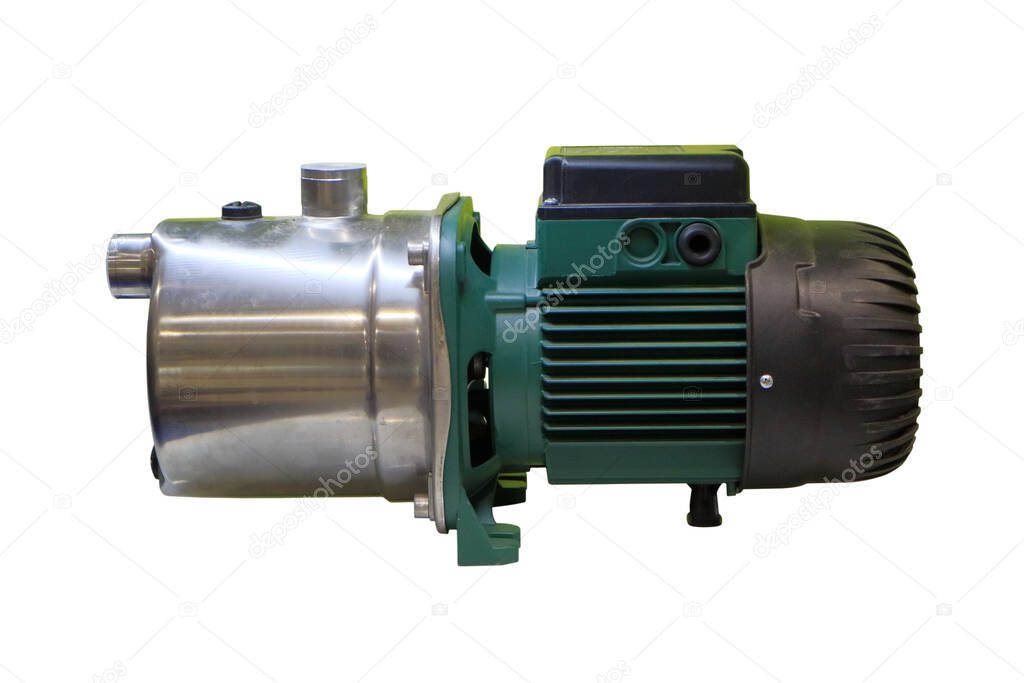 Rotary water pump. Electric water pump. Isolated on white. Watering machines. Watering pumps. High performance pumps. Spraying plants. Watering the fields.