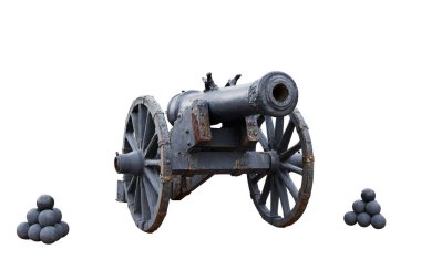 An ancient cannon with cores. Isolated on white. Ancient weapon. Ancient ship cannon. Cannon with cores. clipart