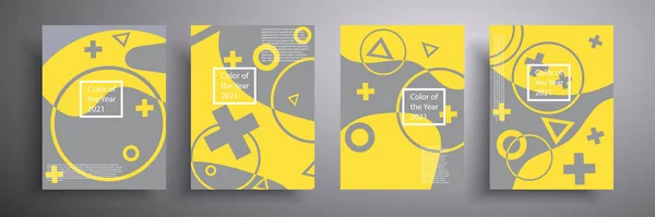 Bir dizi asgari geometrik poster. Moda tasarımı. Gri ve sarı - 2021 'in mod renkleri. EPS10 vektörü. Kitap kapakları, posterler, el ilanları, dergiler için kompozisyonlar.