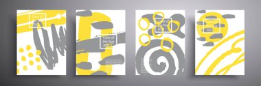 Moda rengi 2021 olan geometrik şekillerin soyut bileşimine sahip minimalist posterler. Gri ve sarı. Kapak tasarımı, poster, broşür için uygulanabilir güzel bir arkaplan