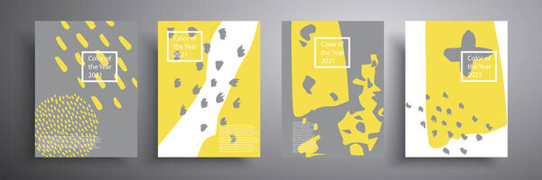 A set of geometric covers. The trendy colors of 2021 are yellow and gray. Modern abstract advertising leaflets, cards, invitations, flyers